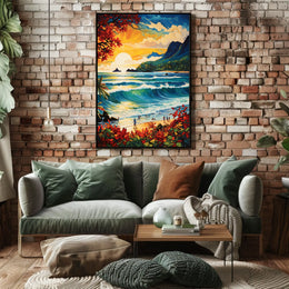 Tropical Paradise Beach Scene at Sunrise-Sunset Travel Poster