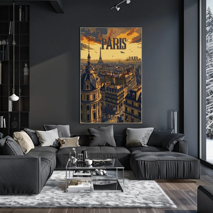 Paris Eiffel Tower Rooftop Sunset Travel Poster
