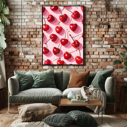 Playful Heart-Shaped Cherries Artistic Poster PosterGoat