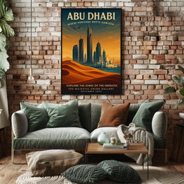 Abu Dhabi skyline and heritage illustrated urban cityscape poster