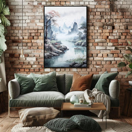 Serene Mountain Vista: Traditional East Asian Artistic Poster