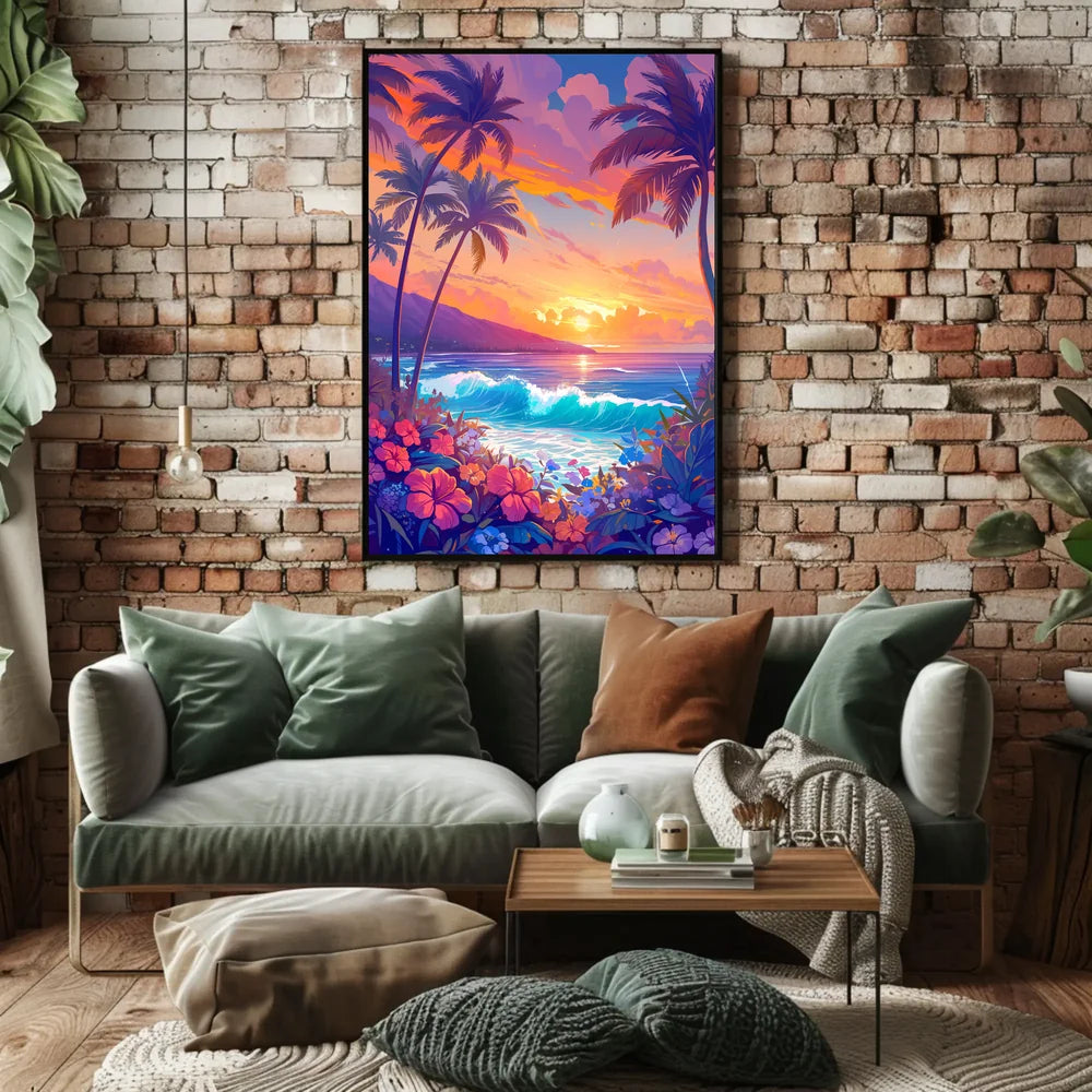 Tropical Sunset Beach Scene Illustrated Poster