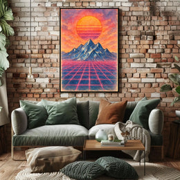 Retro-Futuristic Vaporwave Landscape with Neon Grid - Artistic Poster