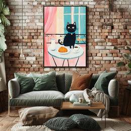 Black Cat Breakfast Poster Charming Morning Wall Art