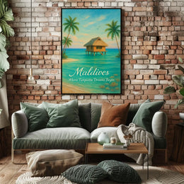 This poster vividly captures a serene tropical paradise, likely set in the Maldives, Travel Poster