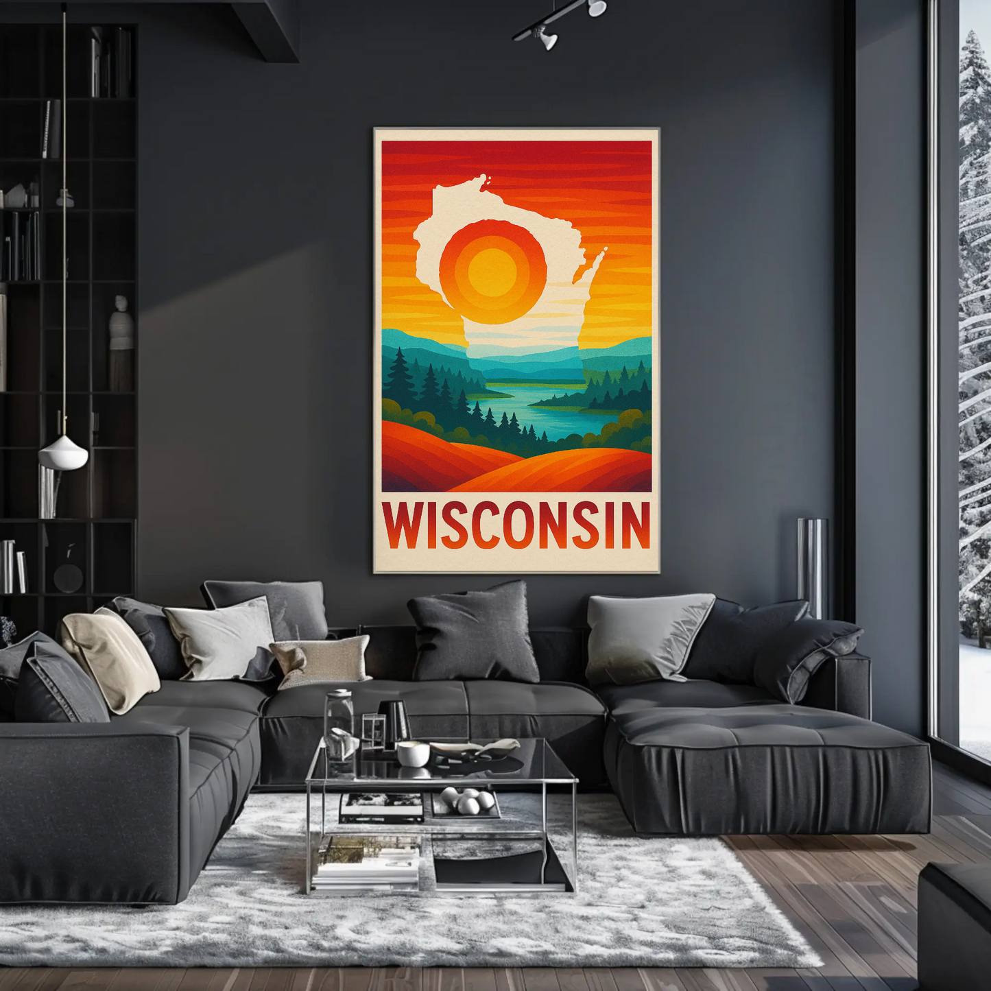 Wisconsin Sunset Nature River Forest Outline Scenic Travel Poster