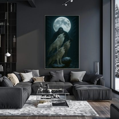 Bigfoot Howling Wolves Moonlit Forest Poster