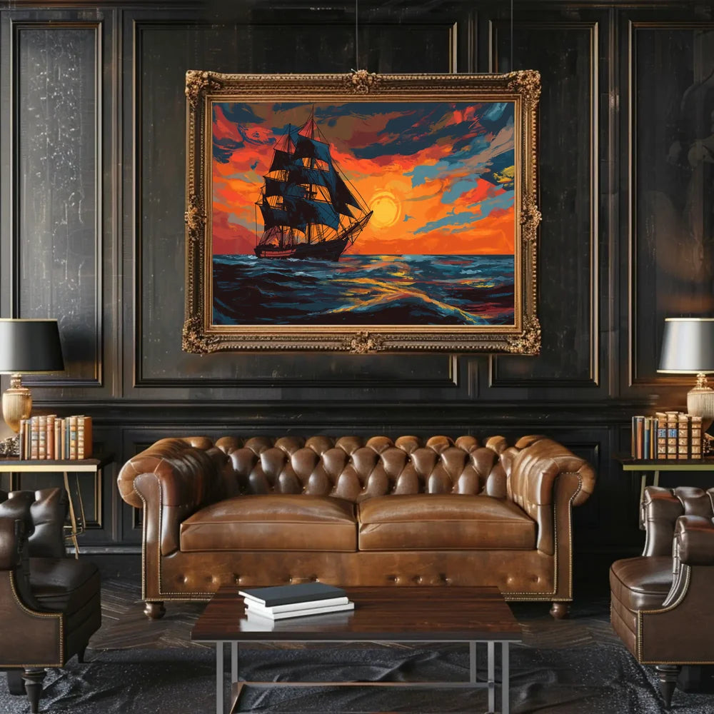 Majestic Sailing Ship at Sunset Art Poster
