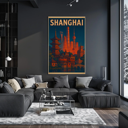 Shanghai Skyline and Pagodas Night Poster