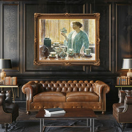 Serene Domestic Scene in Blue Robe Artistic Poster