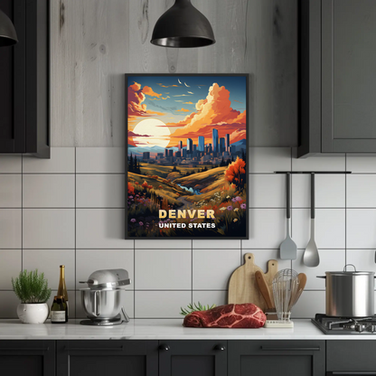 Denver Autumn Meadow Skyline Vintage Travel Poster