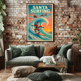 Santa Surfing Christmas Wave Vintage Poster Art