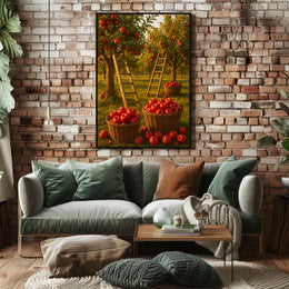 Serene Orchard Apple Harvest Photorealistic Rural Countryside Rustic Charm Nostalgic Farm Sunset Warmth Poster
