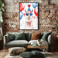 Playful watercolor of a llama wearing a stars and stripes hat and sunglasses standing in front of bunting and balloons in red white and blue Poster
