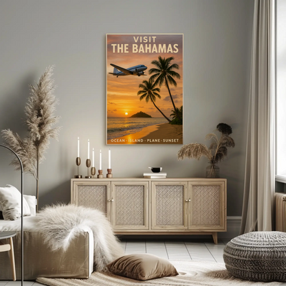 Visit The Bahamas Ocean Island Plane Sunset Travel Poster