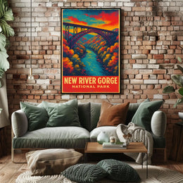 New River Gorge Autumn Vintage Travel Retro 80s Poster