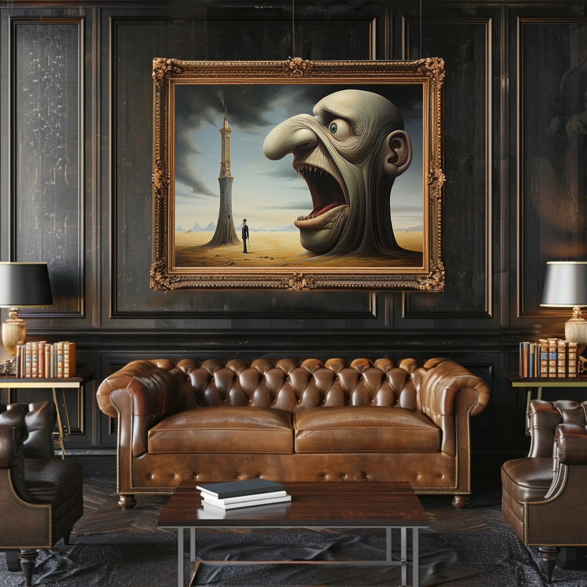 Surreal Desert Landscape with Grotesque Elements - Artistic Poster