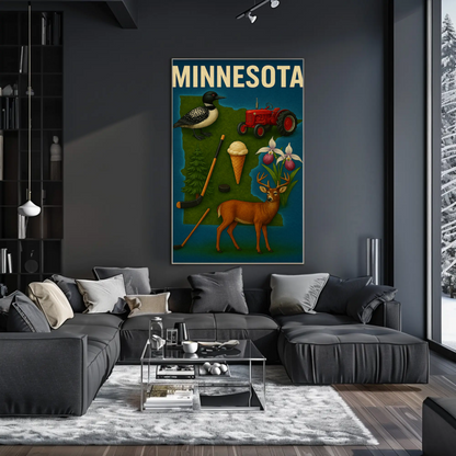 Minnesota Wildlife Symbols Icon Map Vintage Travel Poster