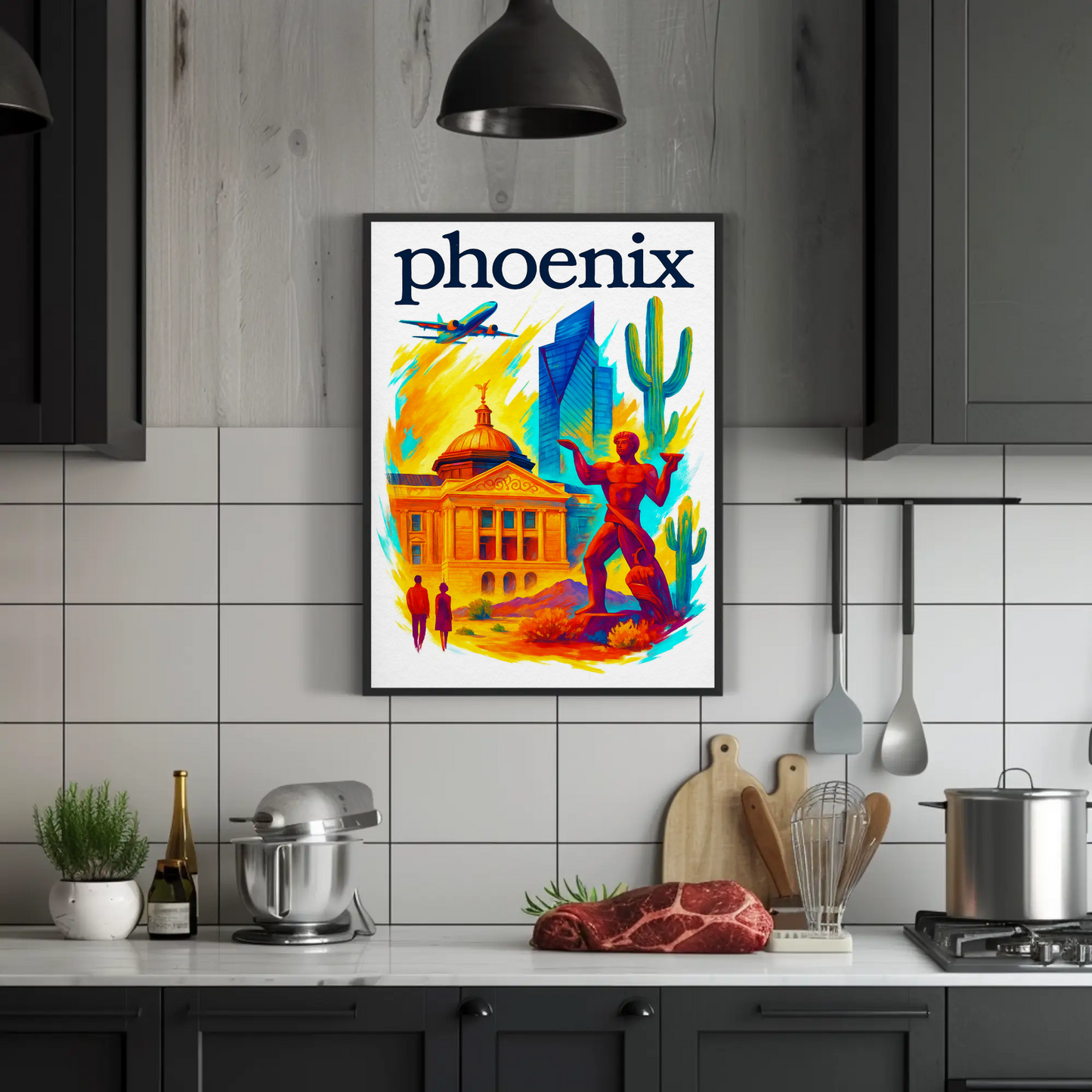 Phoenix Capitol Cactus Statue Airplane Desert Vintage Travel Poster