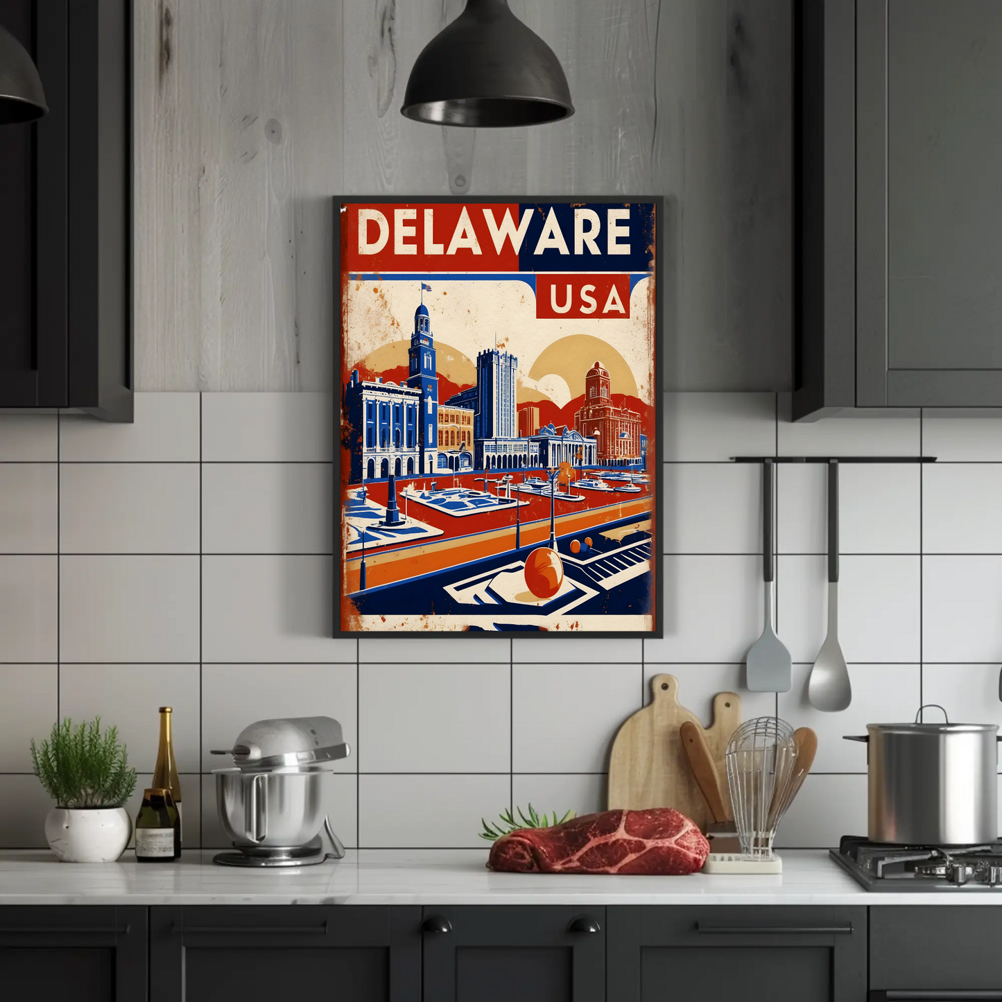 Delaware Waterfront Skyline Retro USA Vintage Maroon Travel Poster