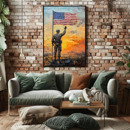soldier saluting the American flag at sunrise Poster