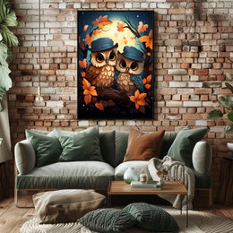 Whimsical Owls Autumn Moonlight Wall Art Poster