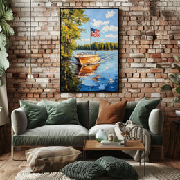 Boat On A Calm Lake With American Flag Scenic Poster