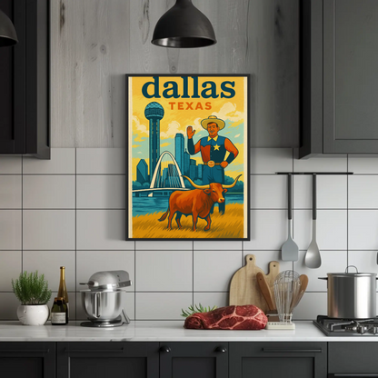 Dallas Cowboy Longhorn Skyline Bridge Sphere Vintage Travel Poster Wall Art