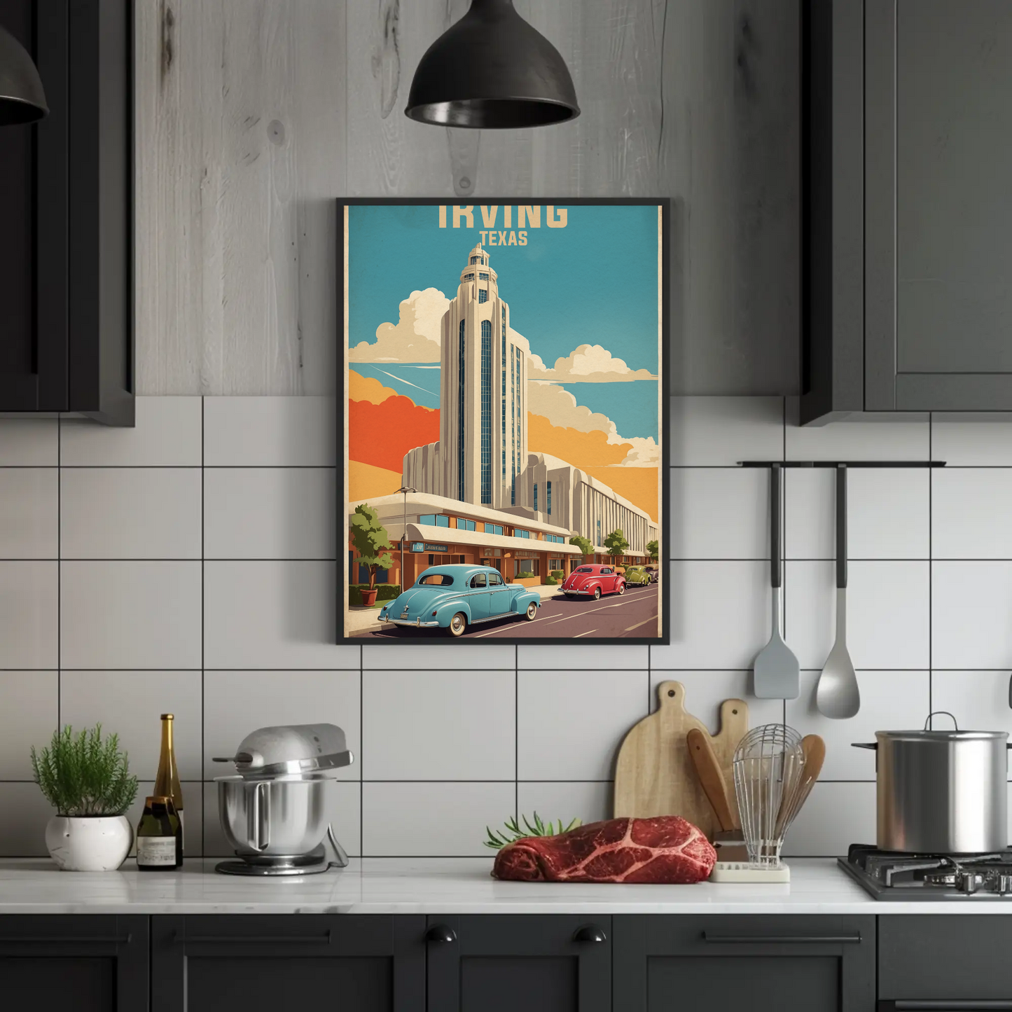 Irving Texas Art Deco Building Cars Retro Vintage Travel Poster