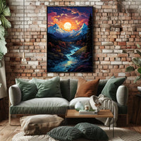 Majestic Mountain Sunset Fantasy Landscape Poster