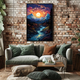 Majestic Mountain Sunset Fantasy Landscape Poster