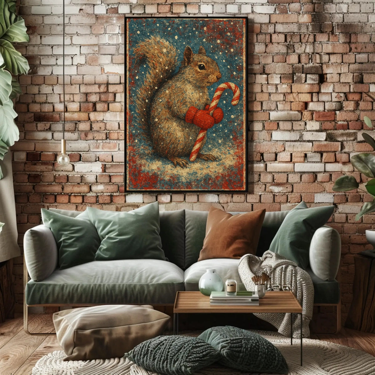 Winter Squirrel with Candy Cane Poster