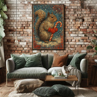 Winter Squirrel with Candy Cane Poster