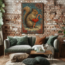 Winter Squirrel with Candy Cane Poster
