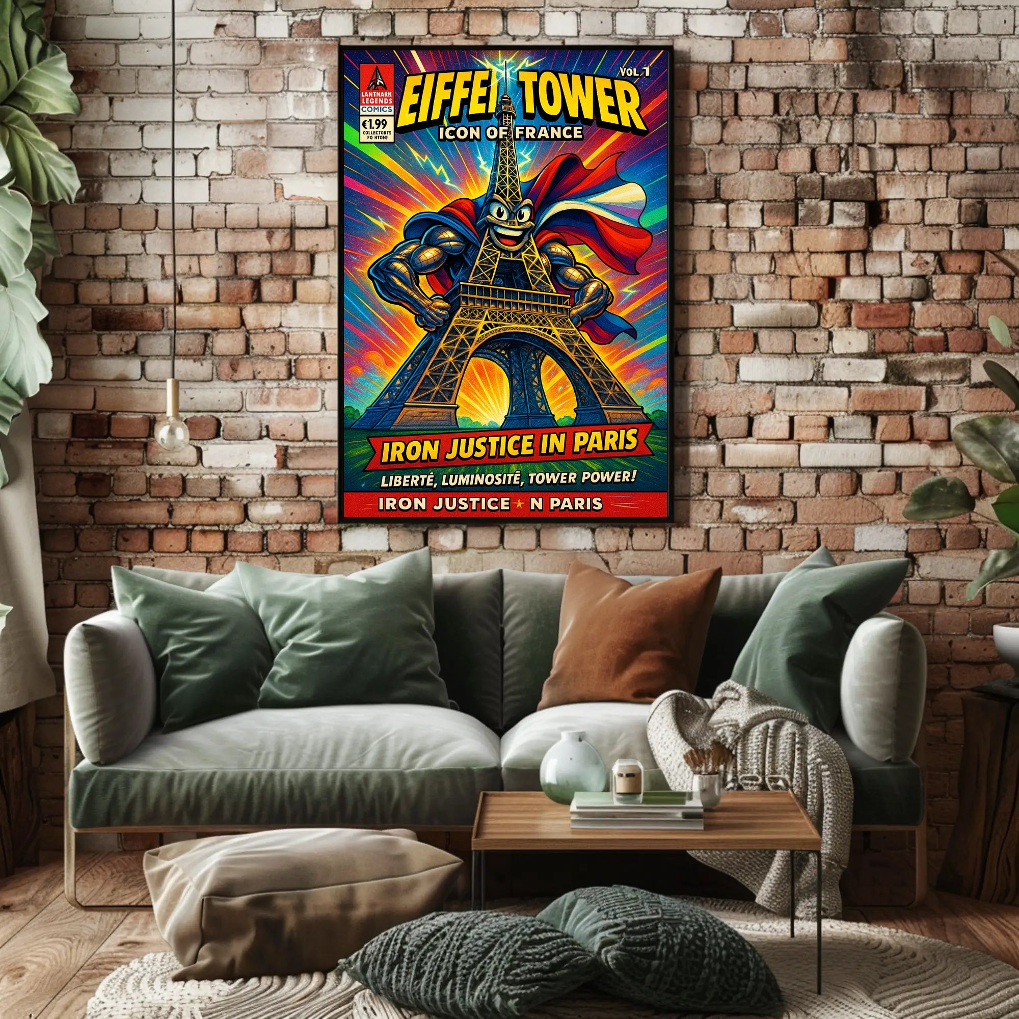 Eiffel Tower Superhero Comic Art Cultural Poster