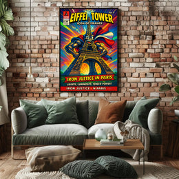 Eiffel Tower Superhero Comic Art Cultural Poster