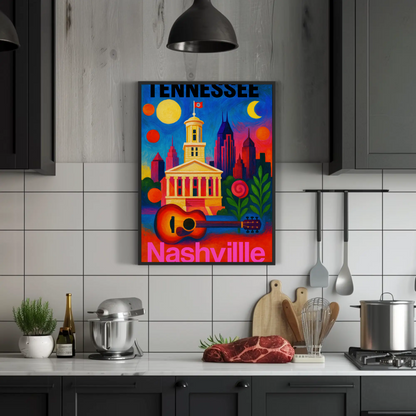 Tennessee Nashville Capitol Guitar Music City Vintage Travel Poster