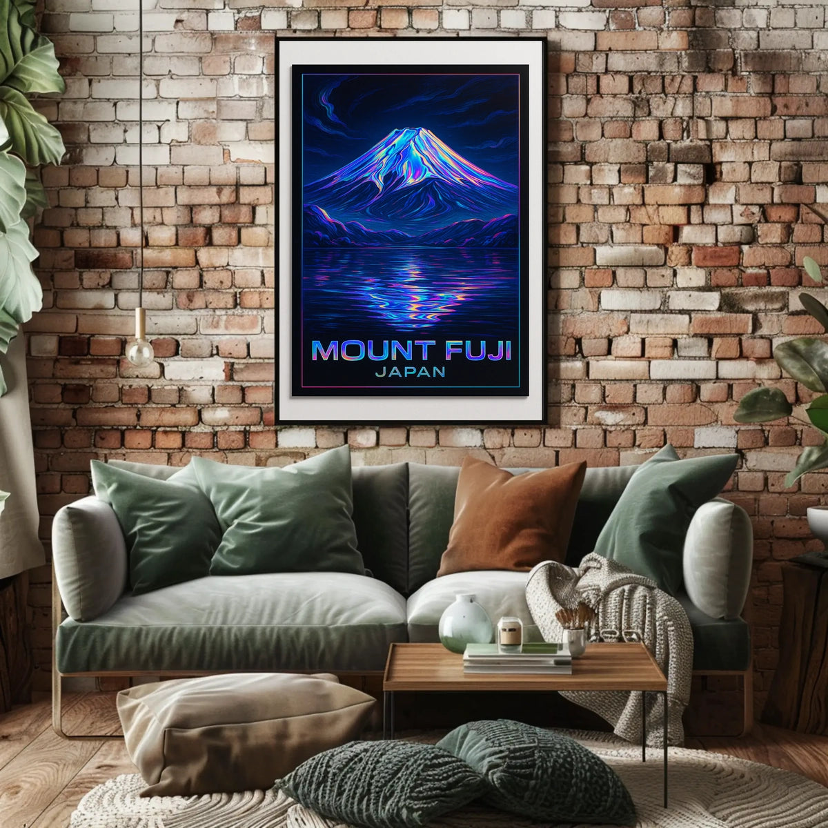 Mount Fuji Neon Reflections Iridescent Futuristic SciFi Vaporwave Dreamscape Poster
