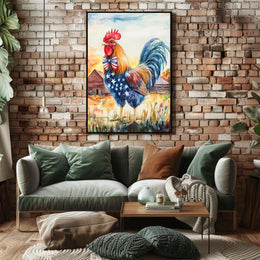 rooster crowing proudly at sunrise Poster