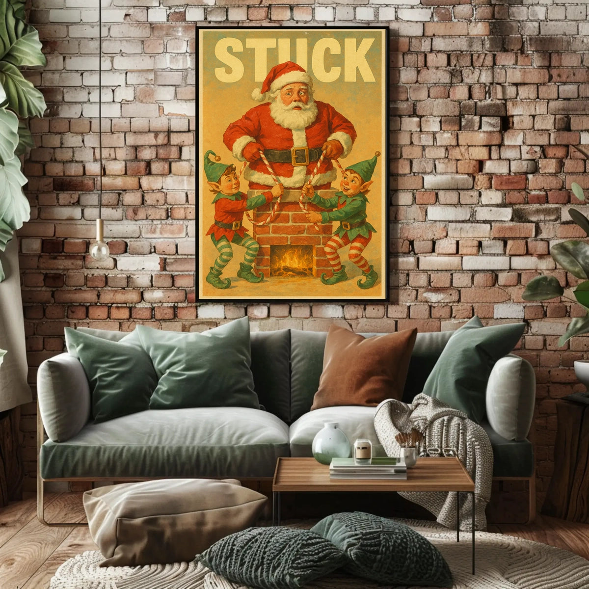 Santa Stuck in Chimney Christmas Poster Art