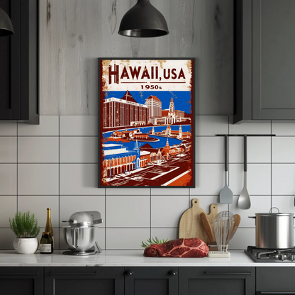 Hawaii USA 1950s Island Life Vintage Maroon Travel Poster