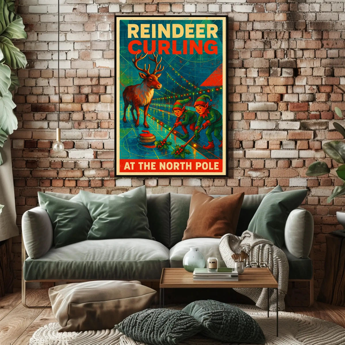 Reindeer Curling at the North Pole Poster