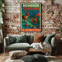 Reindeer Curling at the North Pole Poster