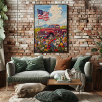 red pickup truck parked in a flower Poster