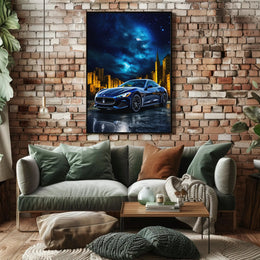 Sleek Modern Sports Car in Urban Night Futuristic Sci-Fi Poster