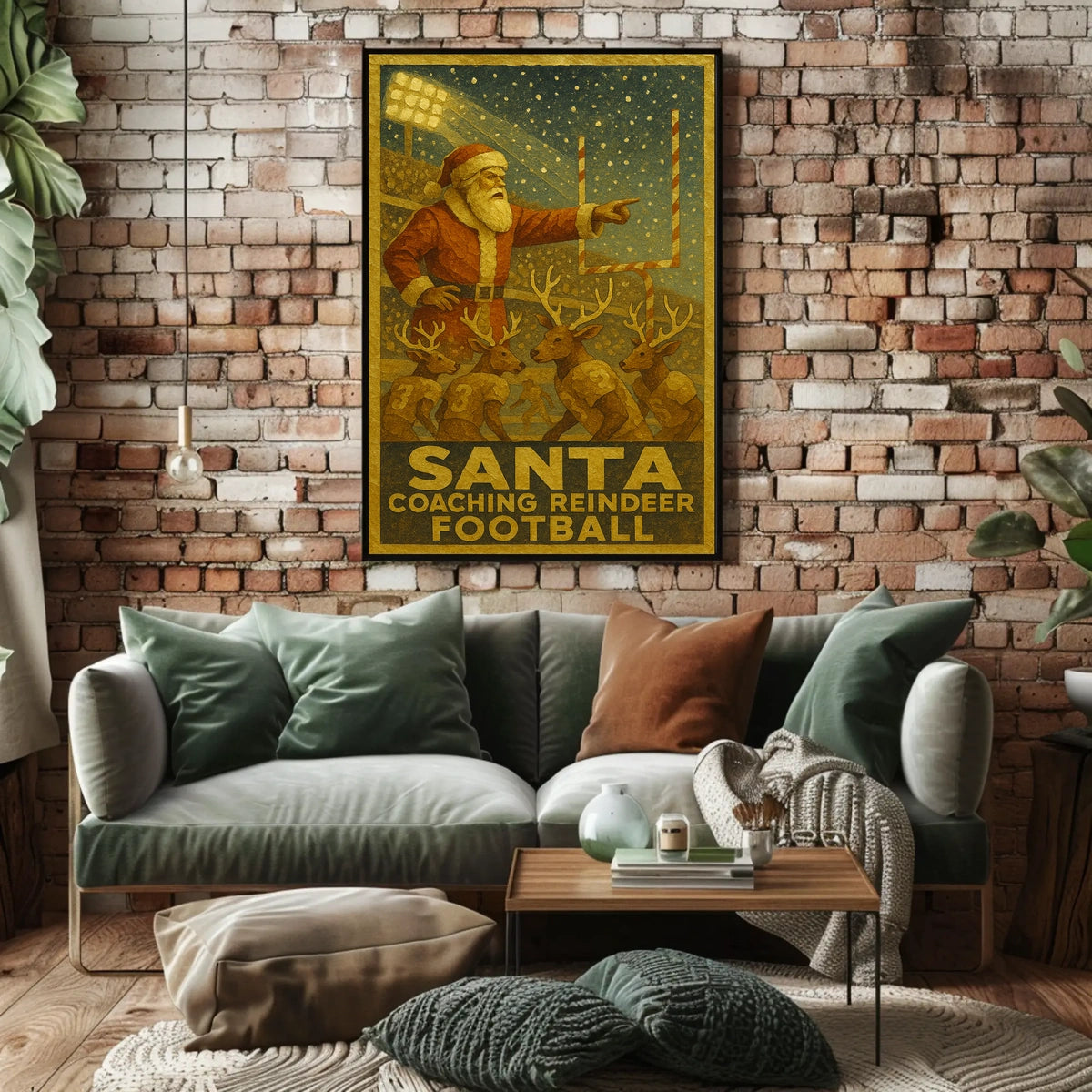 Santa Coaching Reindeer Football Poster