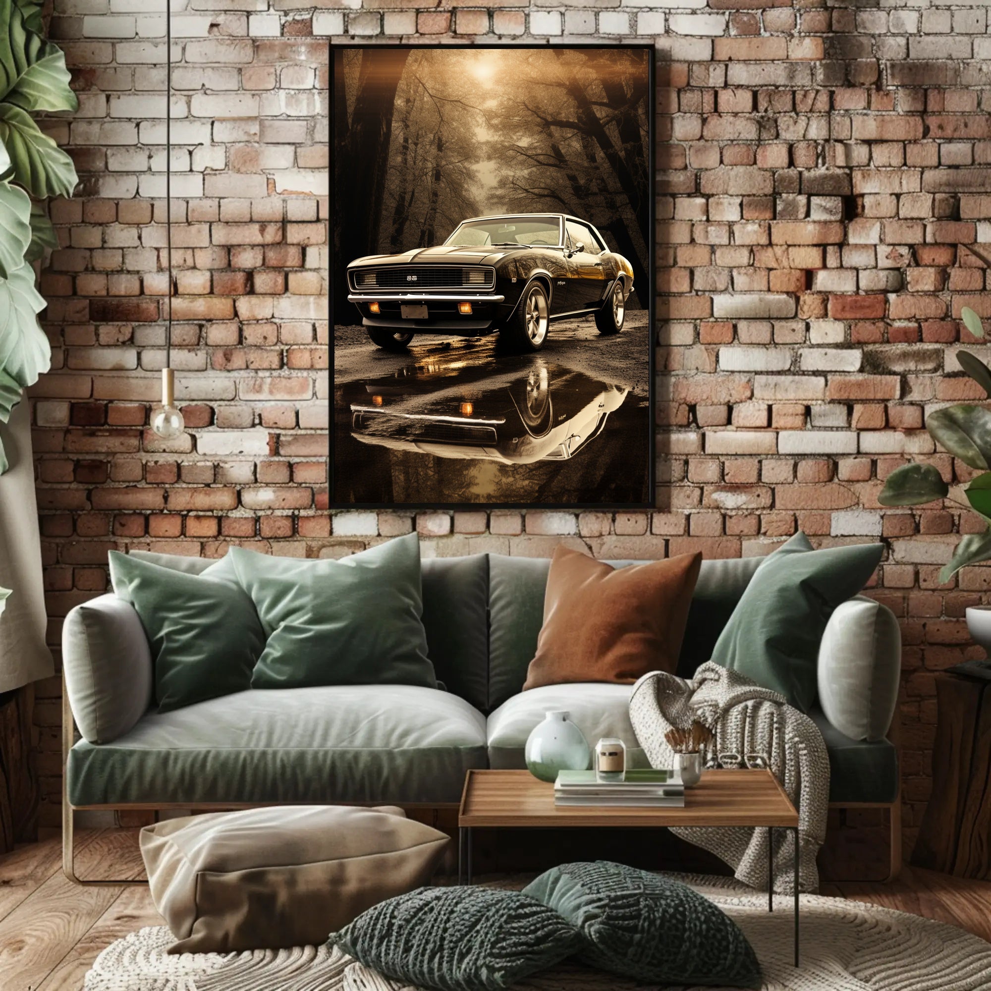 Classic Car in Autumn Reflection Poster PosterGoat