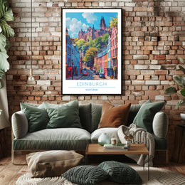 Edinburgh Street Scene with Castle Travel Poster