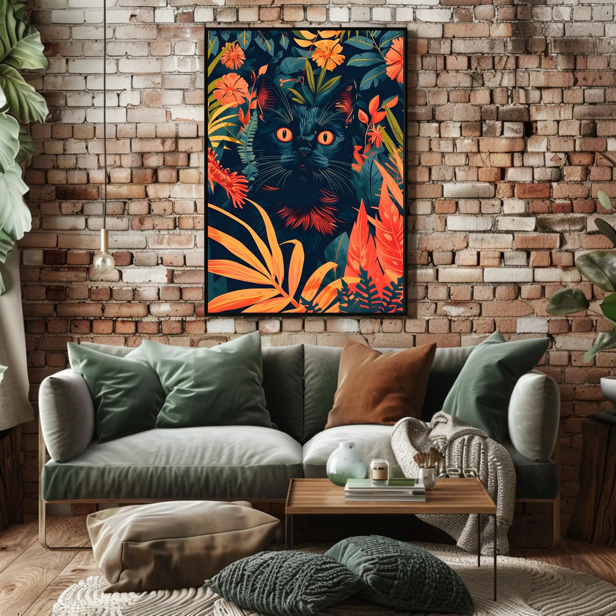 Striking Black Cat in Vibrant Jungle Animal Poster