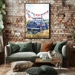 pickup truck parked in a sunny field Poster